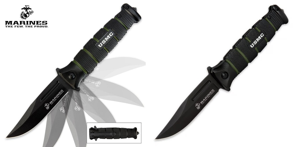 usmc-black-green-assisted-opening-combat-pocket-knife-blade-view